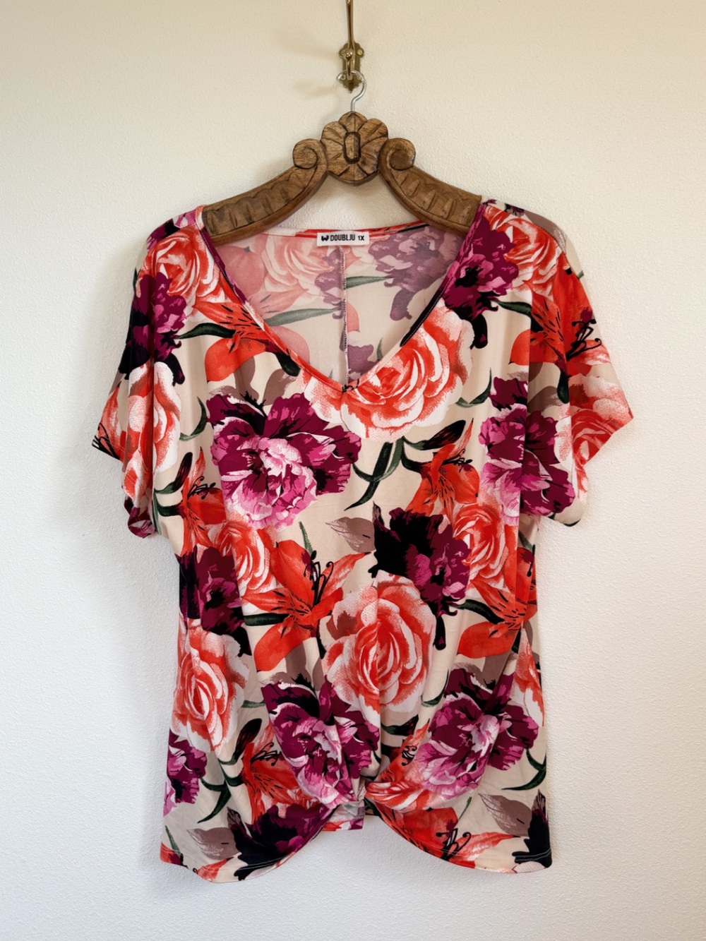 Doublju Floral V-Neck Twist Front Top - Pink, Magenta, Coral